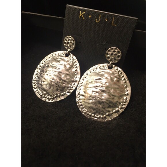 Kenneth Jay Lane Silver Rhodium Plated Disc Dangle Drop Stud Earrings 2.5" long - Picture 1 of 4